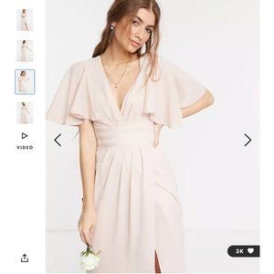 ASOS DESIGN Bridesmaid Blush Flutter Sleeve Maxi Dress Satin Trim Detail…